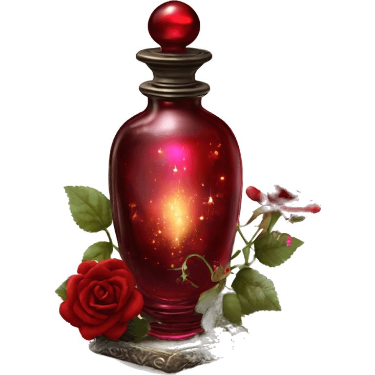 Dark red magic fairy sparkling old Antique oil perfume bottle with herbal and rose flowers emoji