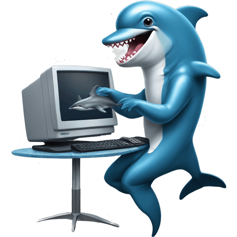 dolphin playing with computer and fighting with shark wearing blue suit emoji