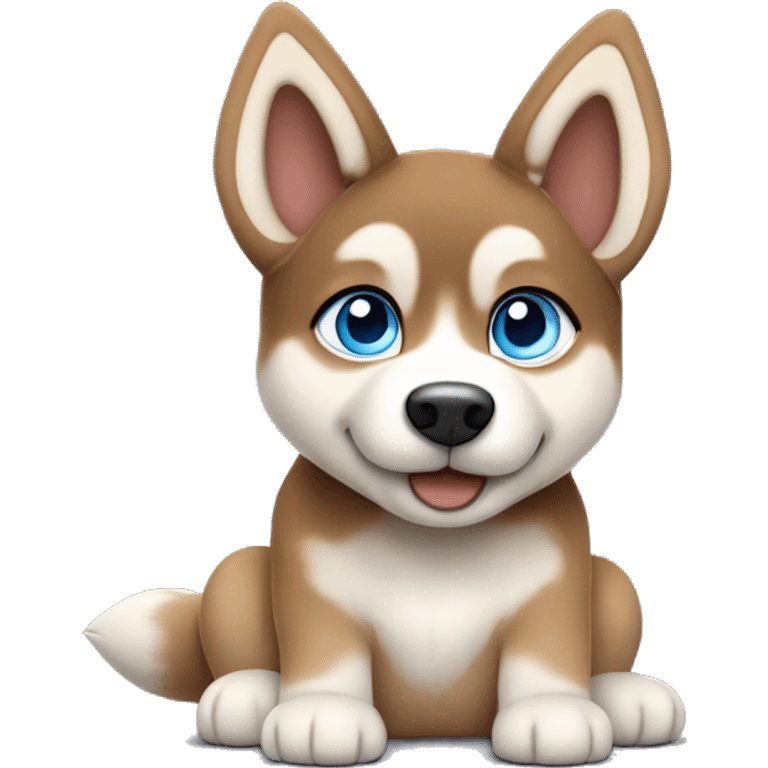  Caramel Frappe Brown husky puppy sitting head tilted gazing at viewer with blue eyes emoji