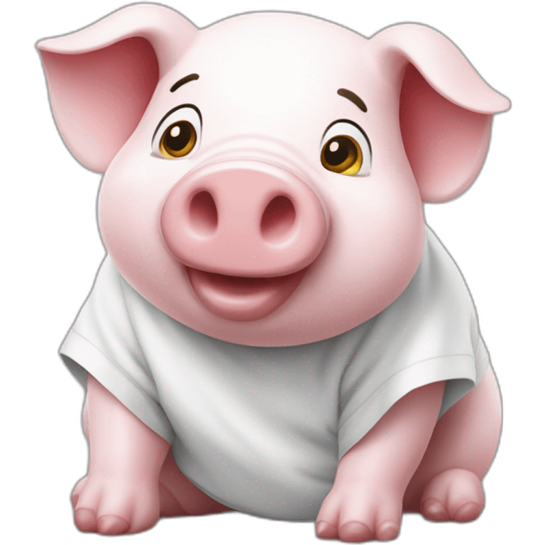 Un cochon doudou avec un t shirt blanc qui mange emoji