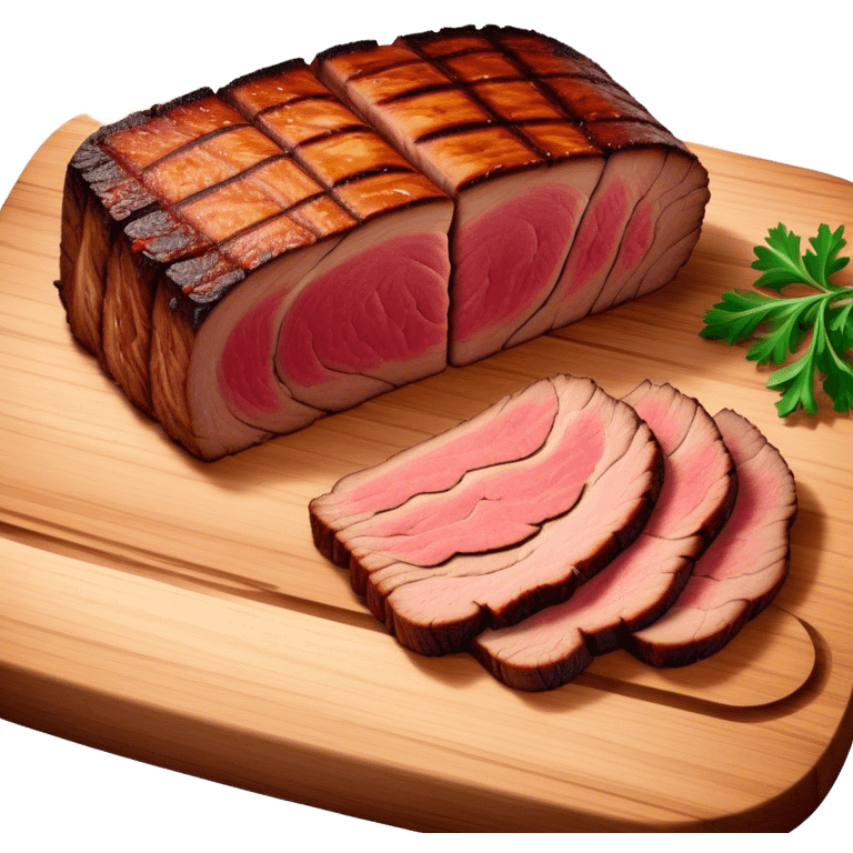 Cinematic smoked brisket, deep mahogany crust, perfectly sliced to reveal juicy marbled meat, warm smoky aroma, served on a wooden board, rich and flavorful, ultra-detailed and appetizing. emoji