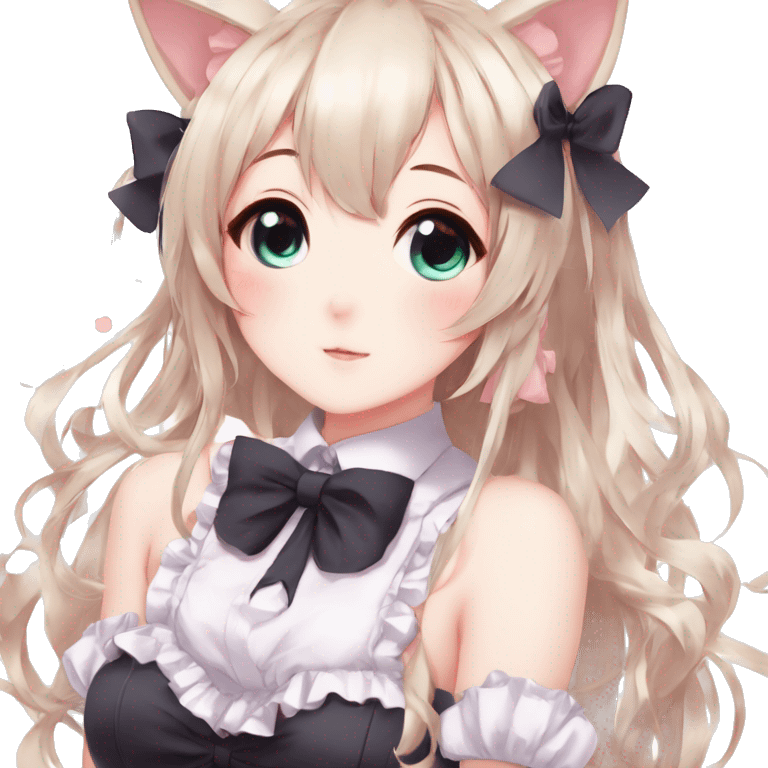 Gorgeous anime style catgirl with blushing face with maid outfit bow tie idol model kawaiicore pearly petite simplistic aesthetic trending style emoji