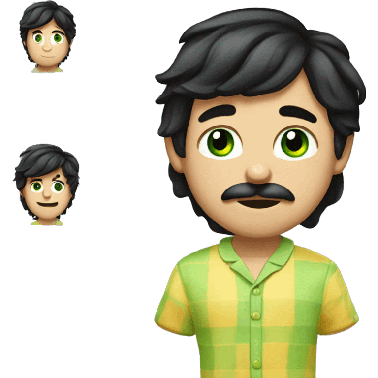 boy with black hair styled in a modern mullet, a mustache that is not curled at the ends, and green eyes, with a mischievous smile. He is wearing pajamas and farting. Fart fumes around him emoji