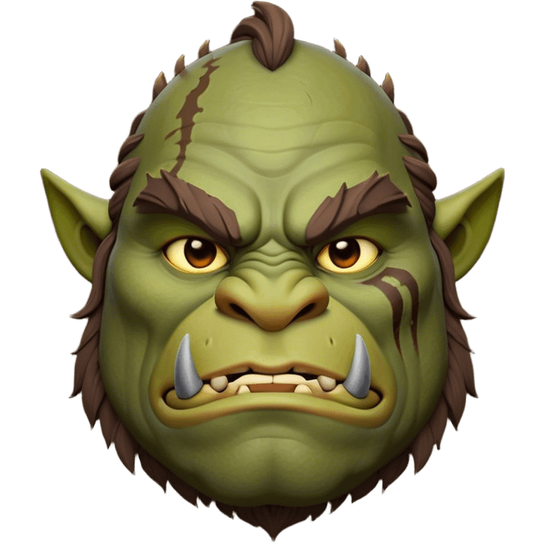 Cinematic Noble Ogre Portrait Emoji, Majestic and imposing, with a rugged, muscular form in deep earthy greens and browns, adorned with battle scars and subtle tribal markings, exuding calm, noble strength and unexpected wisdom, simplified yet strikingly detailed, glowing with a shadowy outline that captures the essence of a gentle giant with fierce heart! emoji