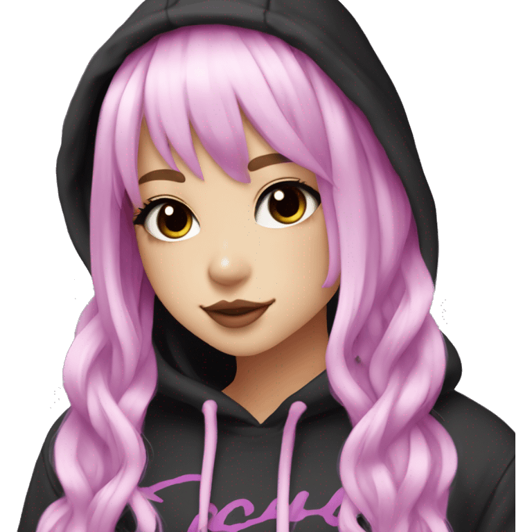 hime gyaru girl, long straight pink and purple hair, dark makeup, black and white hoodie emoji