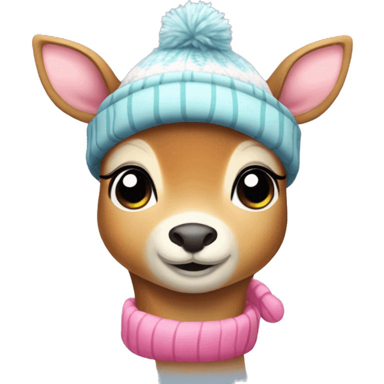 Cute shy deer with pink winter hat emoji