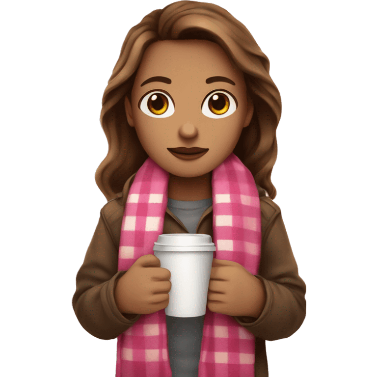 brown hair light skin brown eyes , with a plaid pink blanket and a coffee in hand emoji