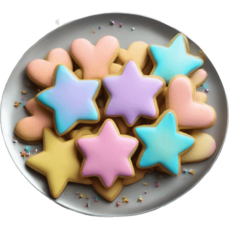 Realistic both star shaped cookies and heart shaped cookies together with pastel ombre icing and sprinkles piled up on a metallic silver plate. emoji