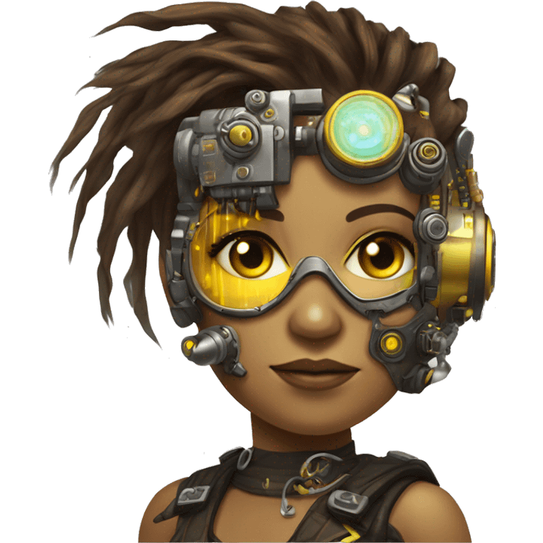 Brown with yellow streaks Mohawk hair female cyborg head, tan skin, steampunk goggles and circuits emoji