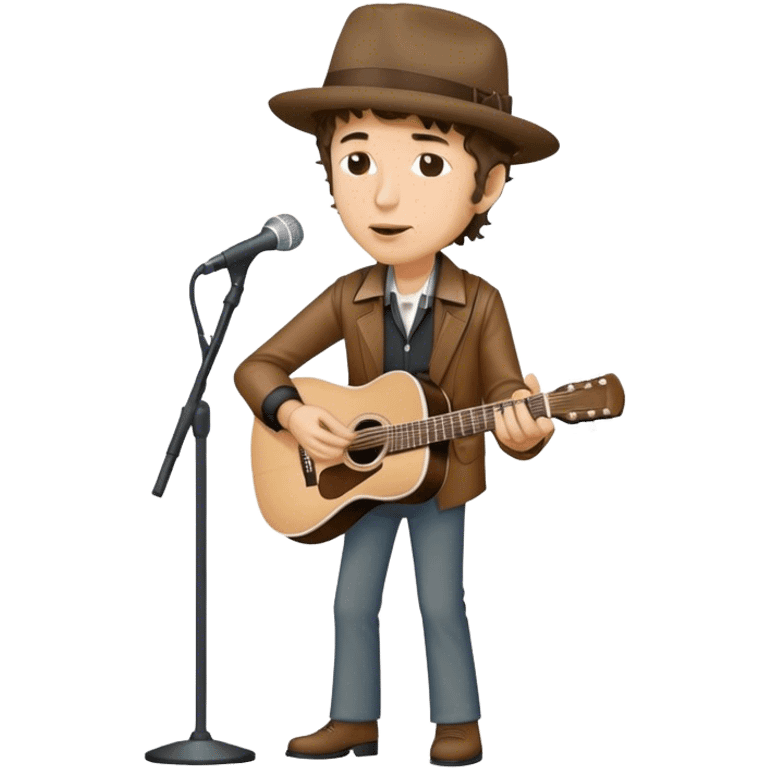 Icon for Folk Music: Bob Dylan with his harmonica and acoustic guitar, performing with his band on stage. The atmosphere should be intimate and nostalgic, capturing the soul of folk music with simple instruments and natural vibes. Transparent background. emoji