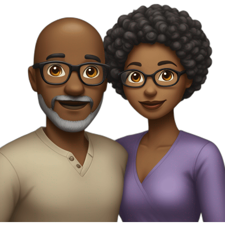 ebony couple; subject 1 is bald wearing thick framed glasses and a low cut well manicured grey beard, subject 2 is a pretty ebony woman with almond eyes and a afro, the couple is hugging emoji