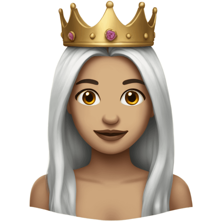 Beautiful girl with white skin, wears a crown and long brown hair and tattoos emoji