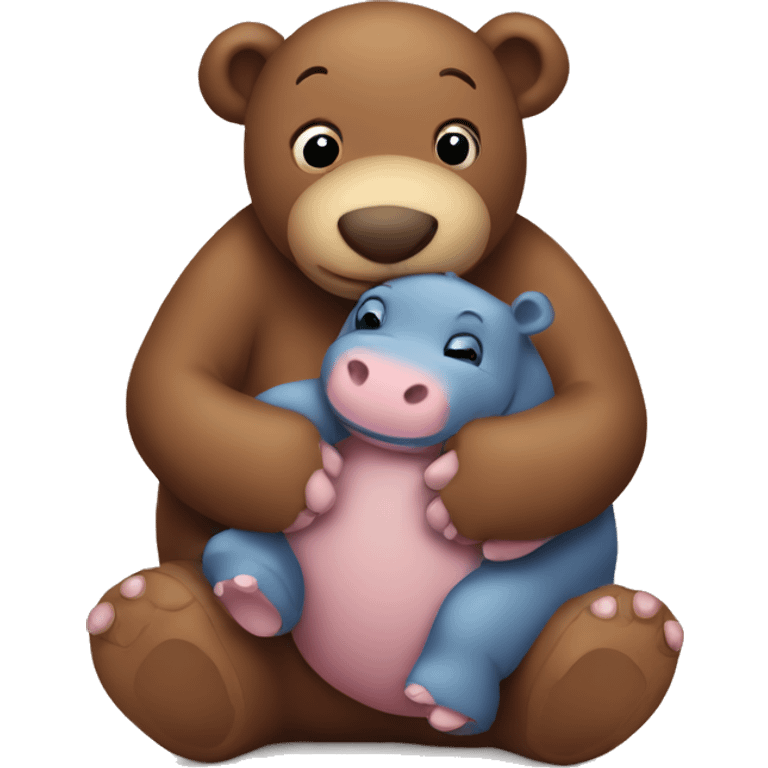 brown teddy bear hugging a baby hippo emoji