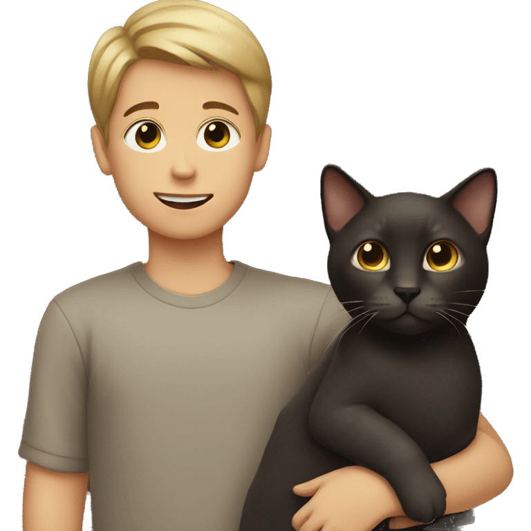 Boy with short hair holding dark brown cat emoji