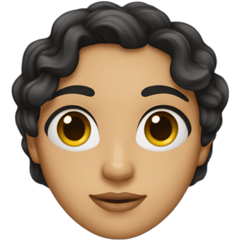 The emoji should have a feminine appearance, with long, flowing, wavy black hair cascading down the sides. The eyebrows are neatly arched, framing striking, almond-shaped eyes adorned emoji