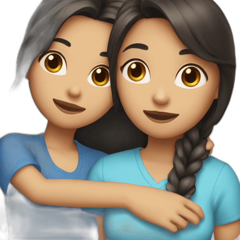 one girl with long brown hair wearing a cross necklace and one girl with medium black hair wearing a blue shirt hugging emoji