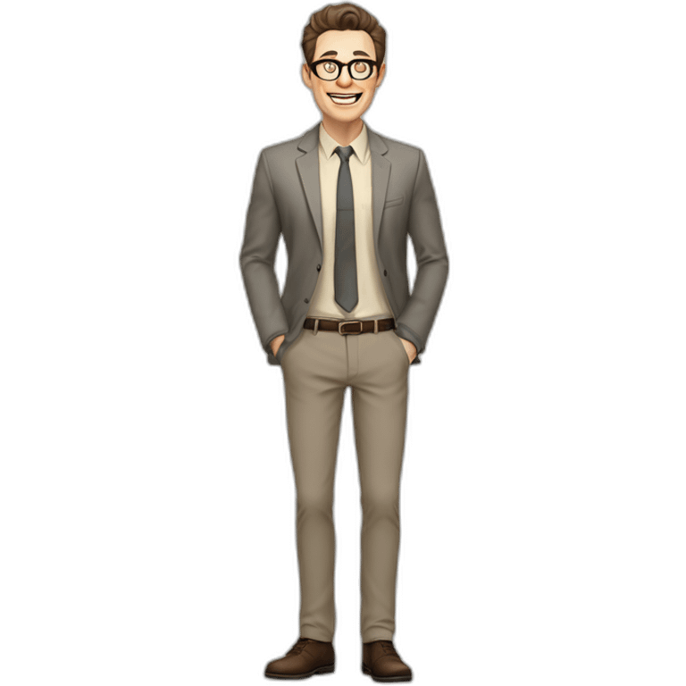 Joyful Full height Pale skinned Fit Man With dark brown hair in gray jacket, beige office shirt, Brown pants and vintage glasses. His thrumbs up emoji