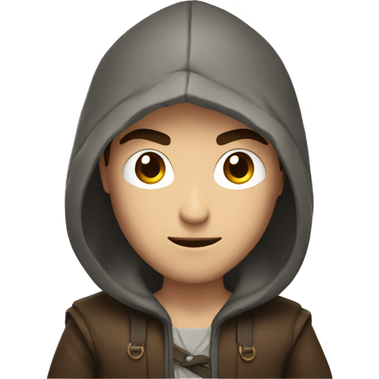 human male rogue with brown hair wearing a hood lifting eyebrows emoji