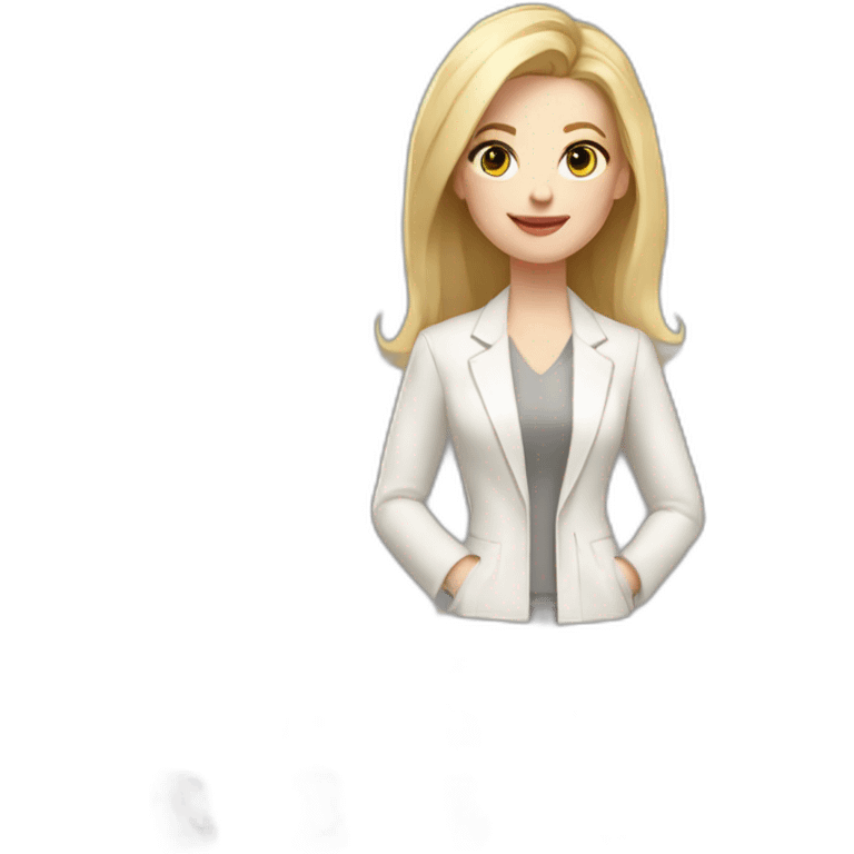 pale skin woman with blonde straight line Hair to shoulders, White classical jacket, Gray Palazzo pants holding a color palette in the hands emoji