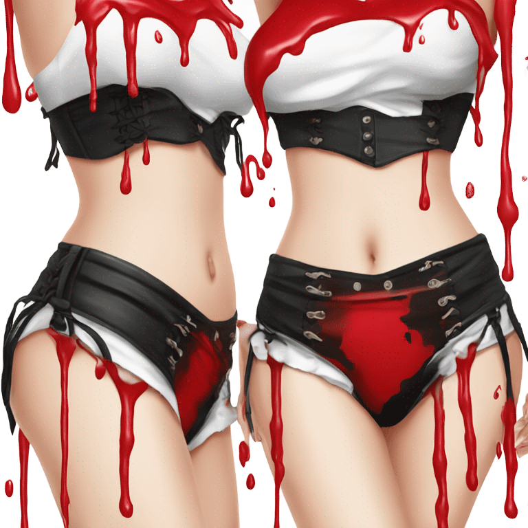 Red and black corset top with bikini bottom dripping with white paint emoji