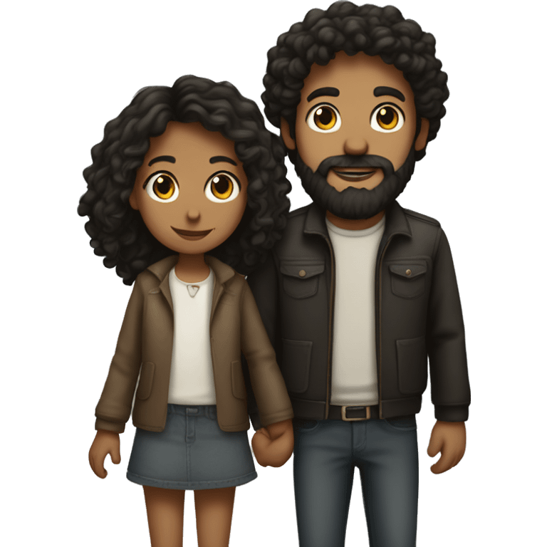 Dark haired tall boy with beard, hand in hand with a smaller dark curly girl emoji