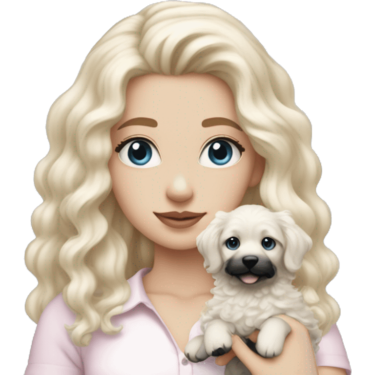 pale blonde girl with long platinum white wavy hair with blue eyes and wearing a light pink shirt holding a black and white curly haired puppy emoji