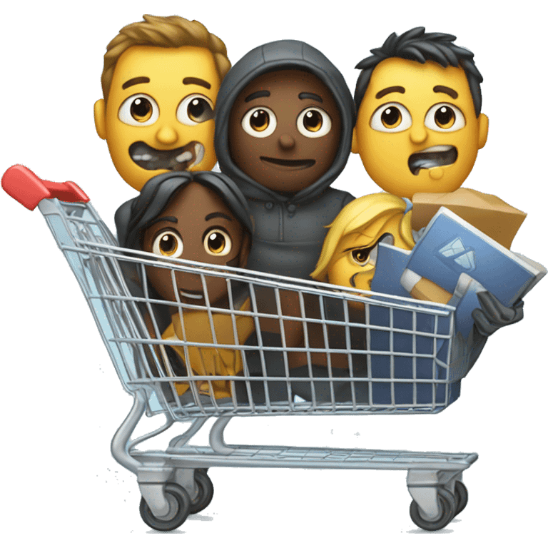 Software development team in a shopping cart resolving code bugs emoji