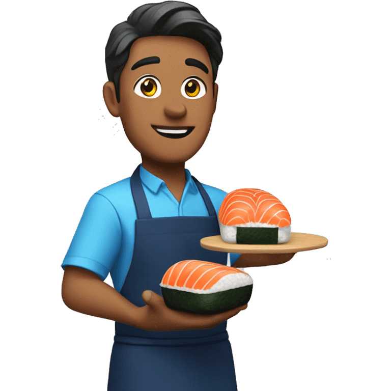 guy in a blue apron holding sushi in his hands emoji