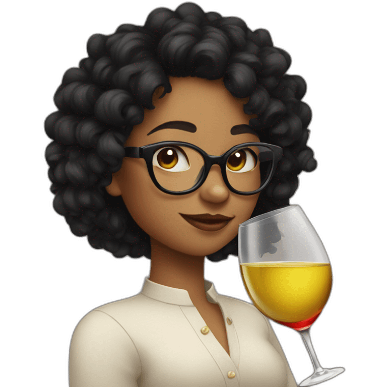 Black Hair curly Girl in glasses Drinks wine  emoji