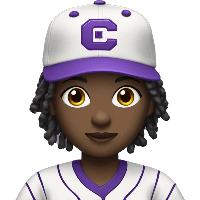 baseball card character. black girl. brow locs. letter C logo. Purple and white uniform.  emoji