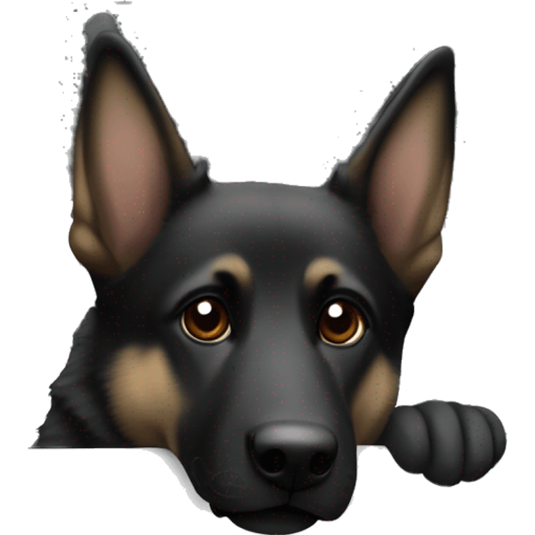 A small adult mostly black German Shepard sticking his head out of a silver Toyota camery  emoji