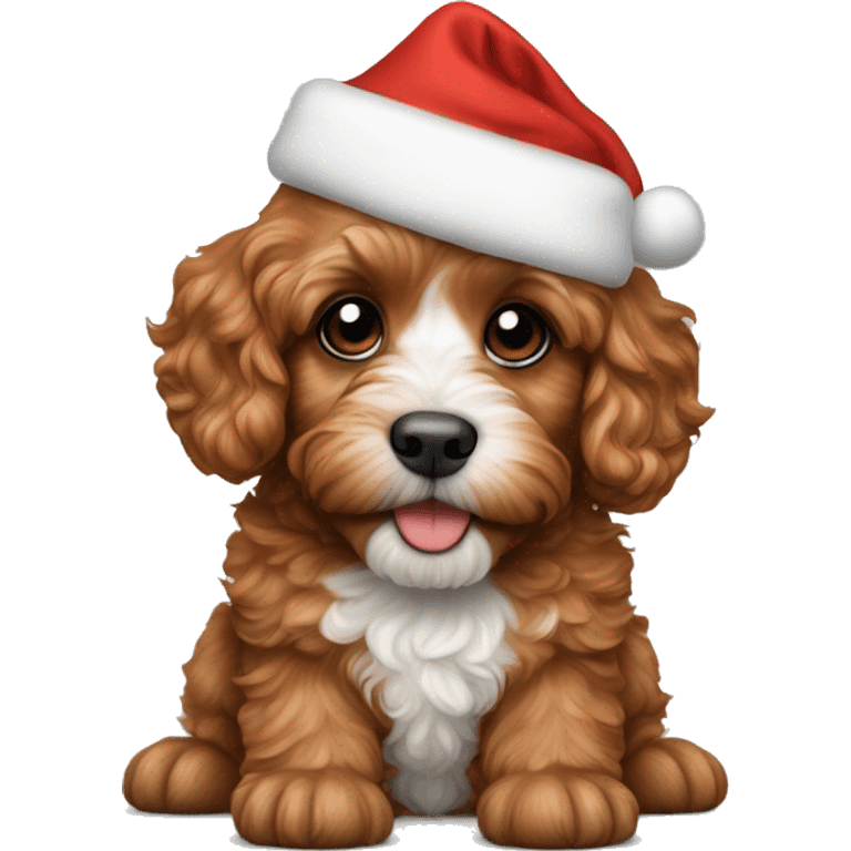 Red cavapoo puppy with a Santa hat emoji