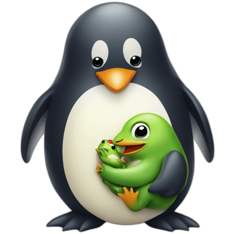 Big penguin hugging a little happy frog emoji