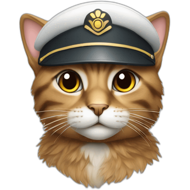 domestic cat with brown and grey fur wearing a pilot hat emoji