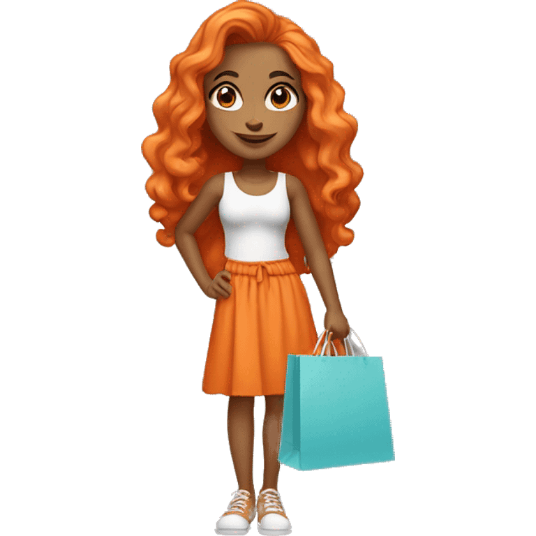 Tan girl with long orange hair wearing cute outfit holding shopping bags emoji