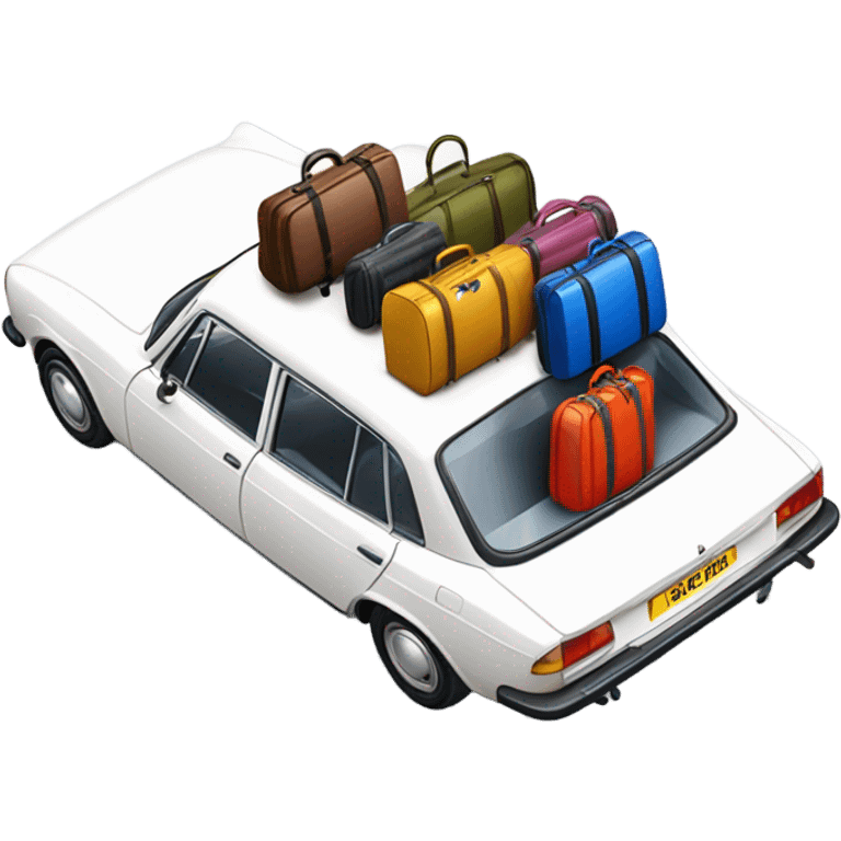 a white peugeot 504 with colorful luggage on the roof emoji