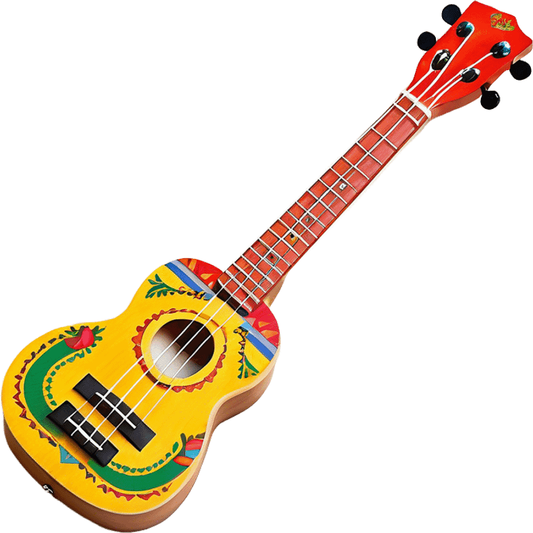 Create a vibrant and artistic emoji representing a ukulele with a Mexican design. The ukulele should feature a bright, colorful body with traditional Mexican patterns, such as geometric shapes, floral motifs, or colorful stripes. Use rich, warm tones like red, yellow, green, and blue to give the instrument a lively, festive look. Highlight the wood grain of the ukulele’s neck and fingerboard, and add subtle details like decorative inlays or a small Mexican flag symbol on the body. The strings should be clearly visible, and the instrument should be in a slightly angled position to showcase its unique design. The background should be transparent. emoji