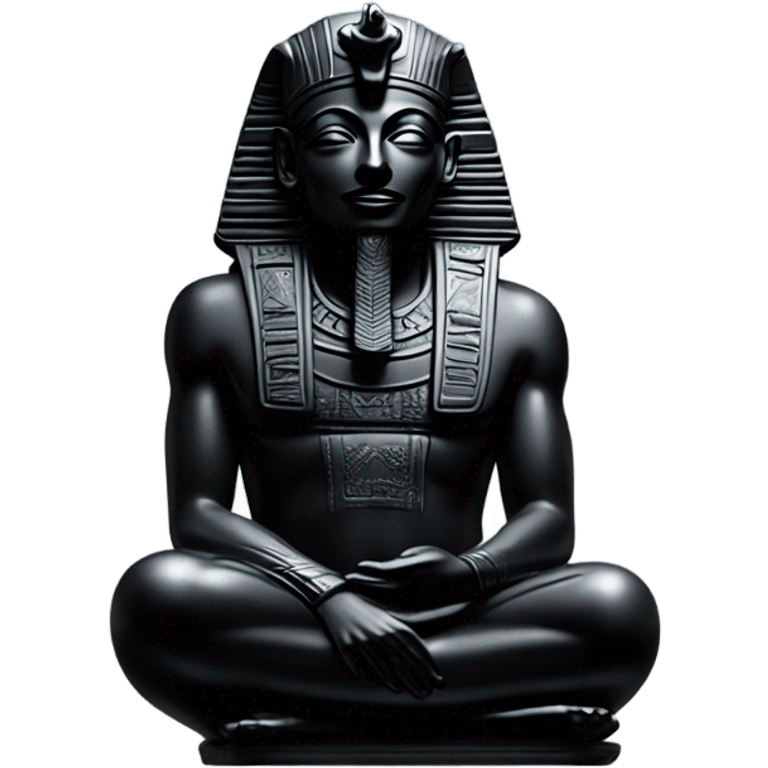 Osiris obsidian statue on granite 30 ton brick, massive size, sunlight behind, sunset colors, reflections on black stone polished clean perfect, photography angles emoji