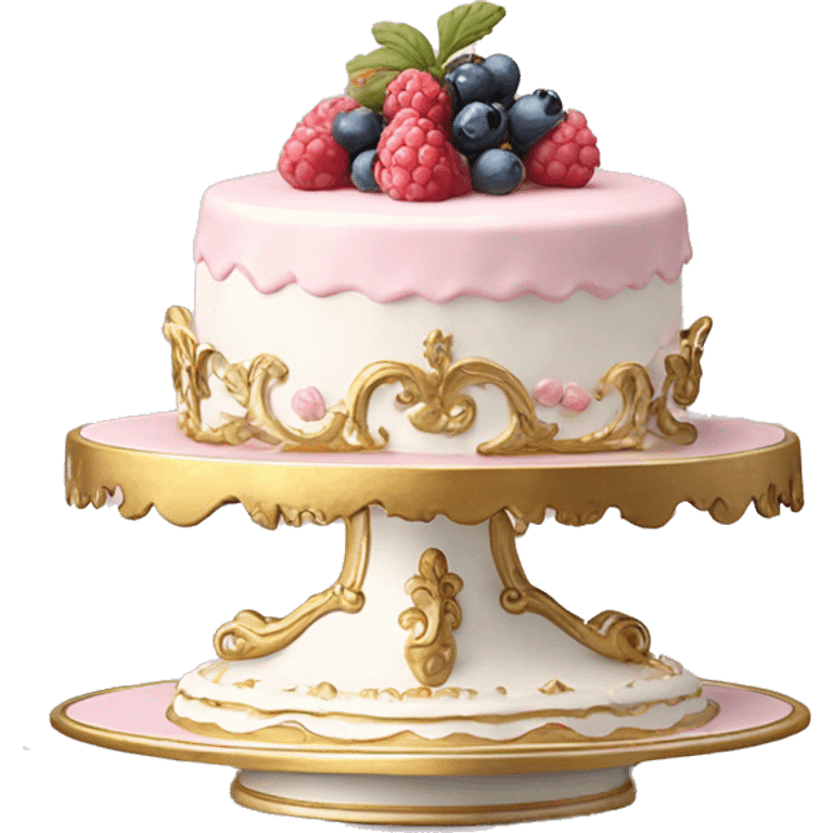 aesthetic vintage rococo cake with white icing, pale pink icing, berries on a gold and white ceramic plate stand  emoji