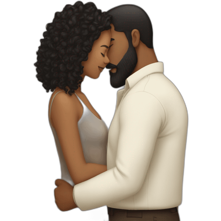 Brown man with a smooth black hair and a black beard kissing a white woman with long brown curly hair emoji