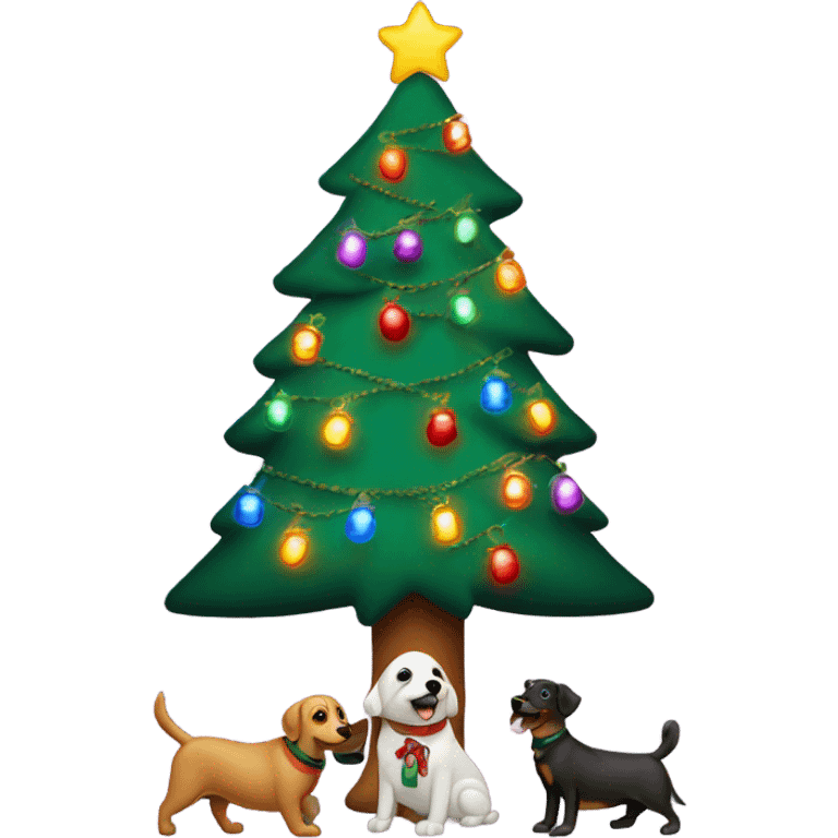 Christmas tree with colorful lights and dogs as ornaments emoji