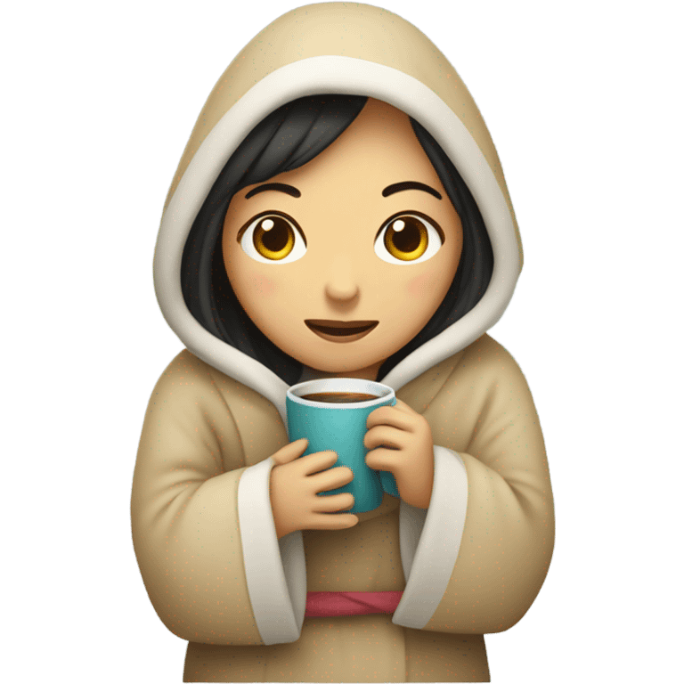 Asian girl wrapped in cozy blanket drinking coffee emoji