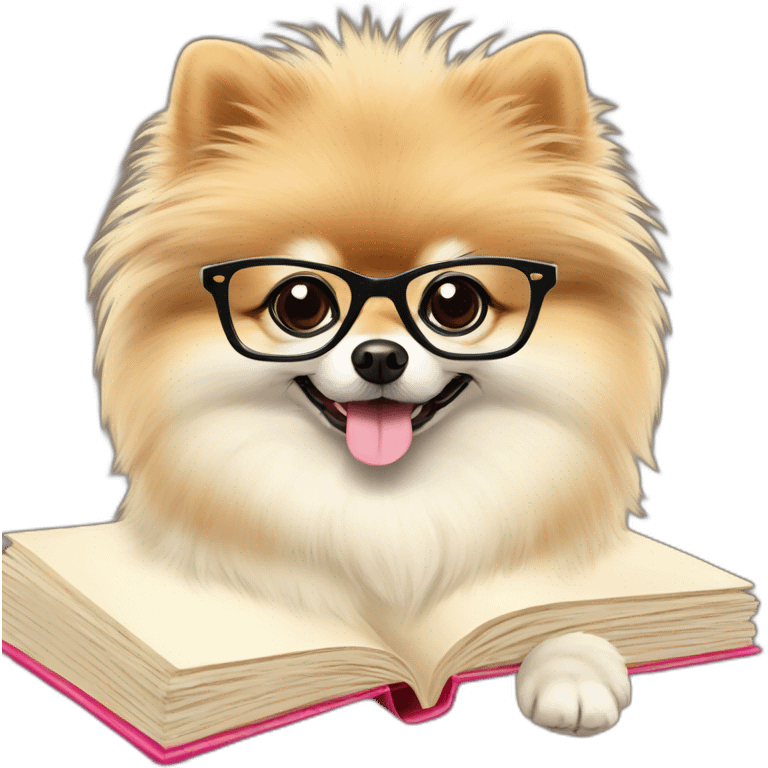 Smart cream color pomeranian dog in glasses and with book emoji