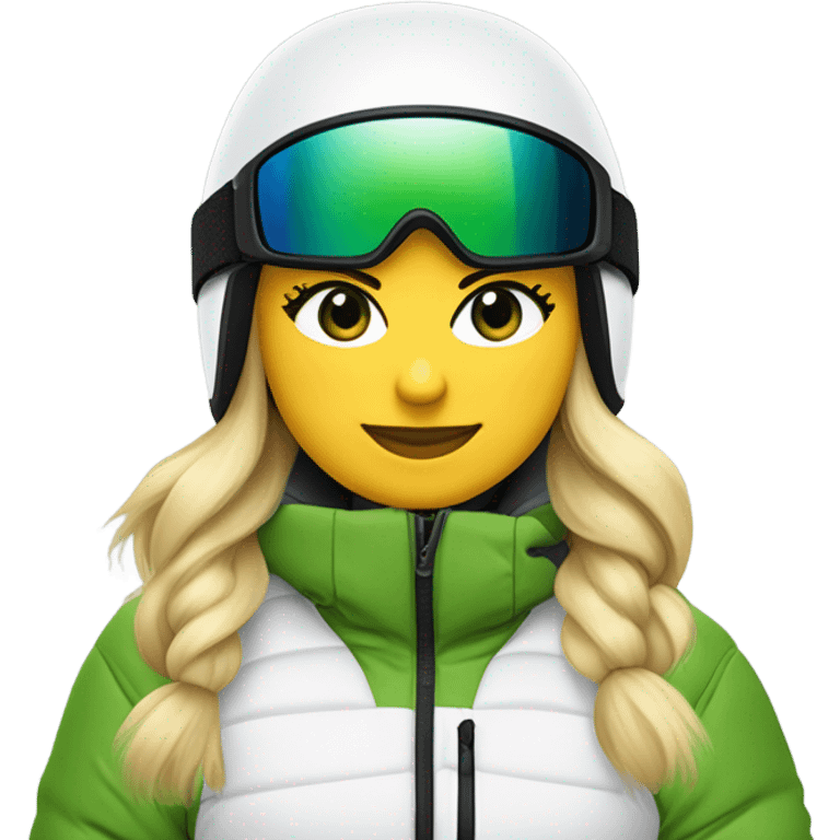 Green-eyed, fat female skier with medium-length straight blonde hair not plaited, snow goggles on helmet, white ski helmet, gray snow jacket, green ski gloves, long black pants rolled up at the bottom, black only snow boots standing tall. emoji