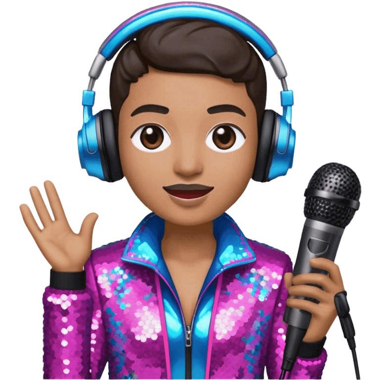 Create a vibrant and modern emoji that represents pop or stage vocal performance, focusing on the equipment and style. The design should feature a high-quality microphone, a stage monitor, and a sound mixing console, symbolizing the professional setup for pop vocals. Add elements like studio headphones, a soundboard with sliders, and an elegant stage costume (e.g., a sequined jacket or flashy stage attire) to reflect the glamour of stage performance. Use energetic colors like neon pink, electric blue, and silver to convey the high-energy nature of pop singing. The background should be transparent emoji