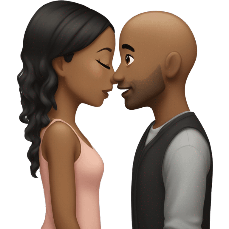 Couple kissing brown girl with black hair and brown bald man emoji