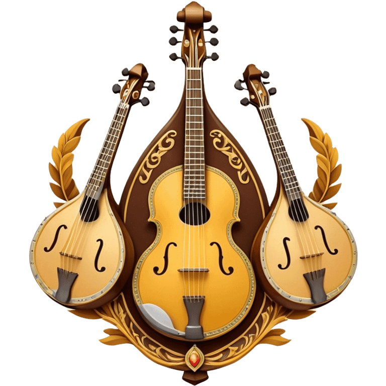 Design a sophisticated and festive emblem-like emoji representing plucked and stringed instruments. The layout should resemble a heraldic crest, featuring iconic instruments like a banjo, mandolin, domra, and sitar, artistically arranged in an elegant and symmetrical way. The necks of the instruments should be intertwined with a flowing ribbon of musical notes, winding around the strings and fretboards. The design should be detailed, showcasing the intricate carvings on the instruments, visible strings, and fret markers. Use a rich color palette with deep golds, browns, and vibrant accents to evoke a sense of luxury and celebration. The musical notes should appear to float around the instruments, connecting them in a graceful, dynamic way. Include ornate flourishes or decorative elements like laurels, swirls, or subtle engravings to give the image a professional, emblematic appearance. The background should be transparent. emoji