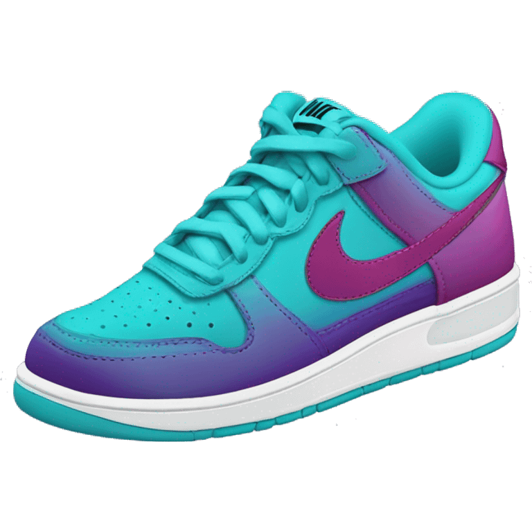 Hyper Realistic top front view of a pair of turquoise,light teal,magenta,and dark purple Nike Sneakers. emoji