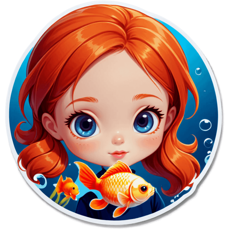 ginger girl with blue eyes next to a goldfish emoji