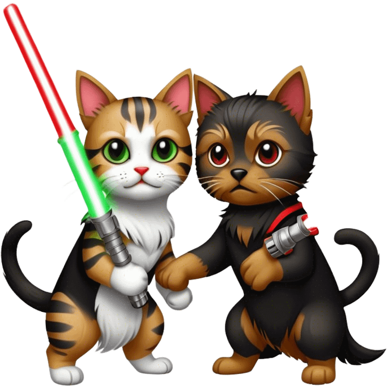 yorkshire terrier with green lightsaber fighting a black and white cat with a red lightsaber emoji